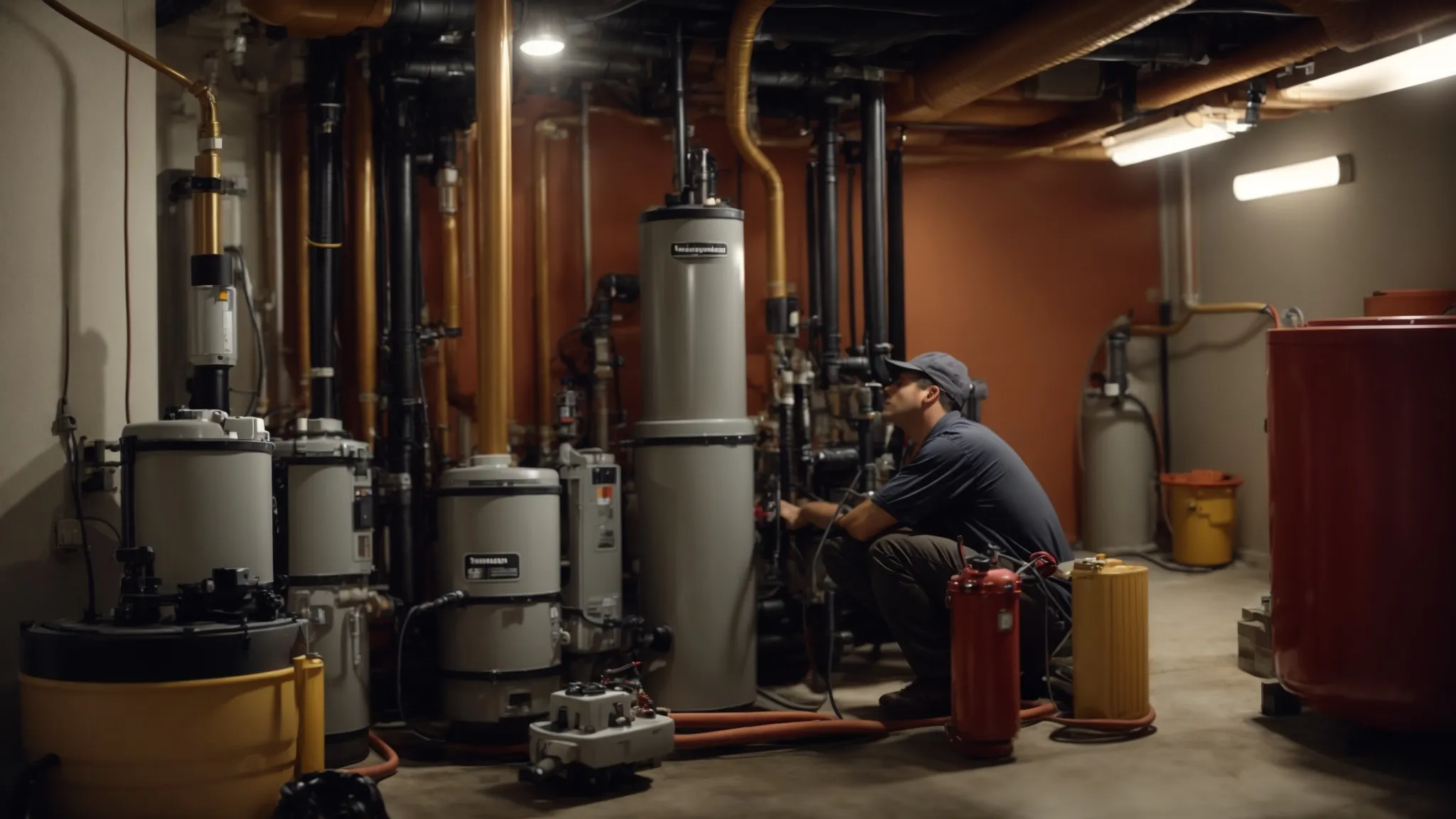 a professional engineer fine-tunes a robust sump pump system with a connected battery backup in a clean, well-organized basement.