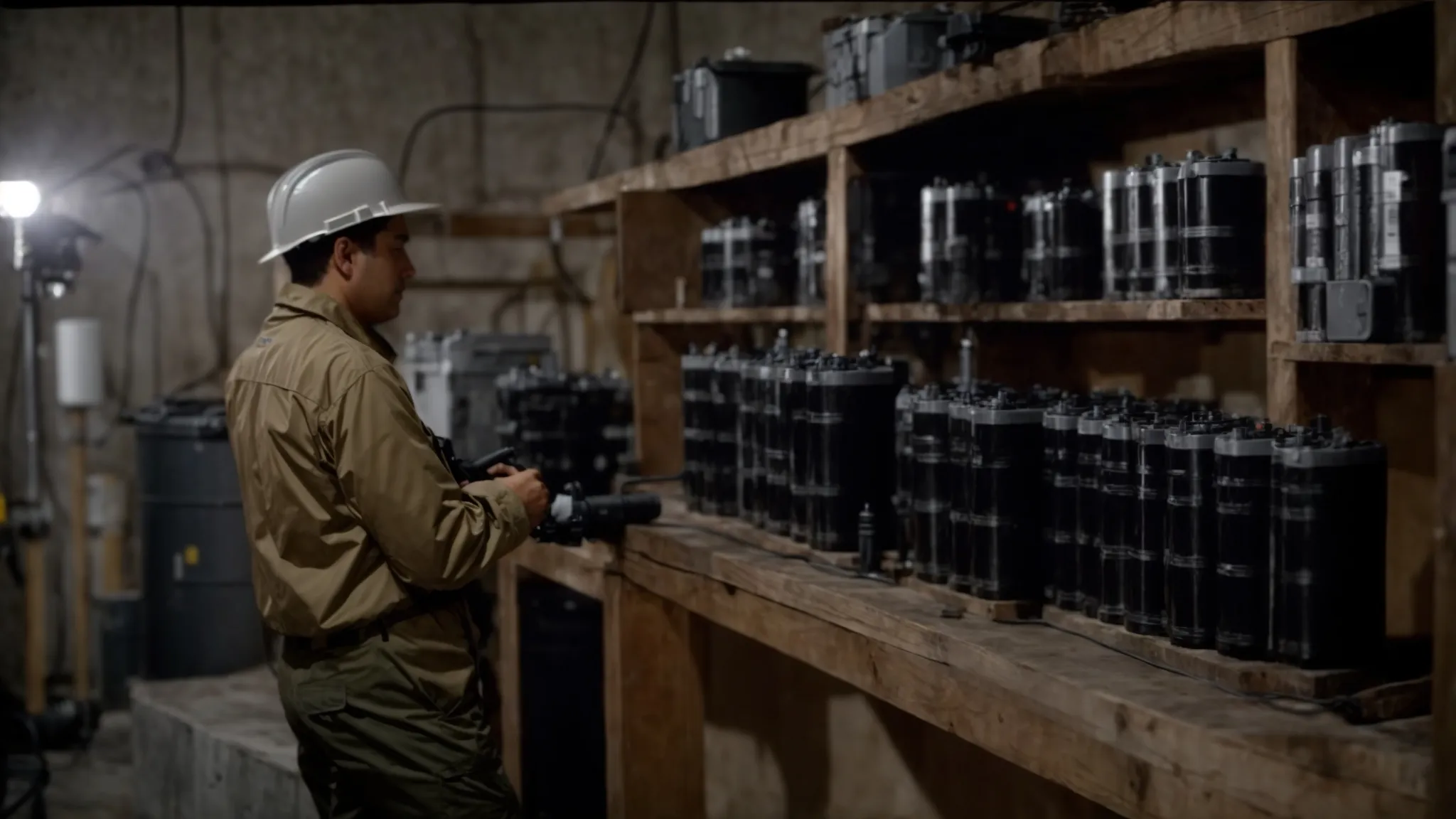 a professional is examining a row of heavy-duty batteries arrayed next to a sump pump system in a basement.