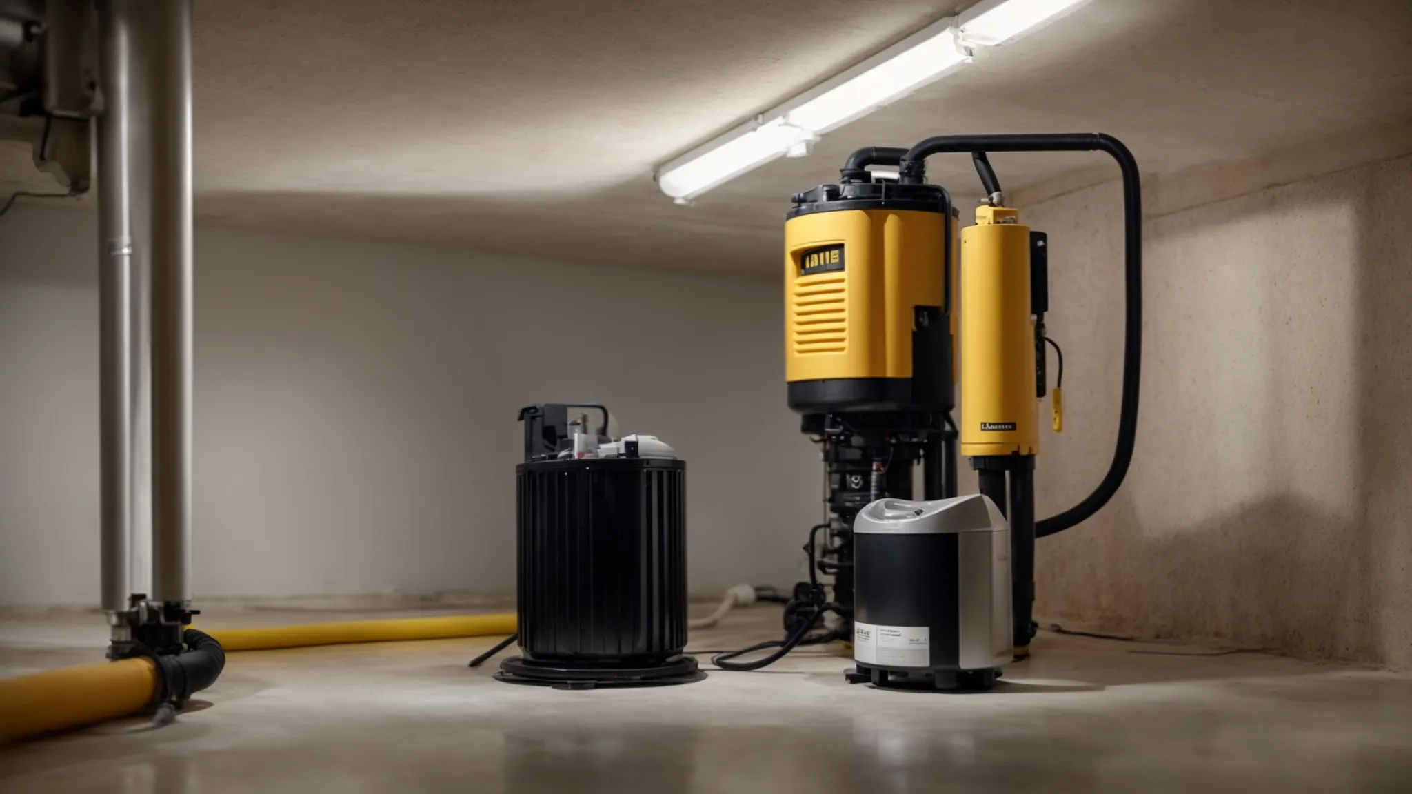 a spotless sump pump installation in a clean, well-lit basement area, with a prominent sealed battery unit positioned beside it.