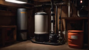 a sump pump stands guard in a home's basement, connected to a robust battery backup system.