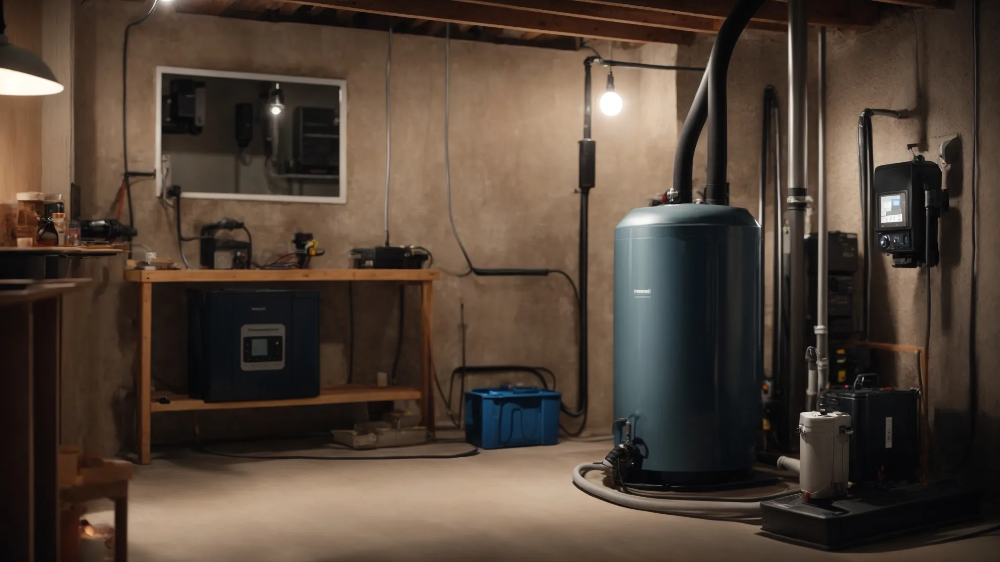a well-lit home basement showing a sump pump installation with an attached battery backup system.