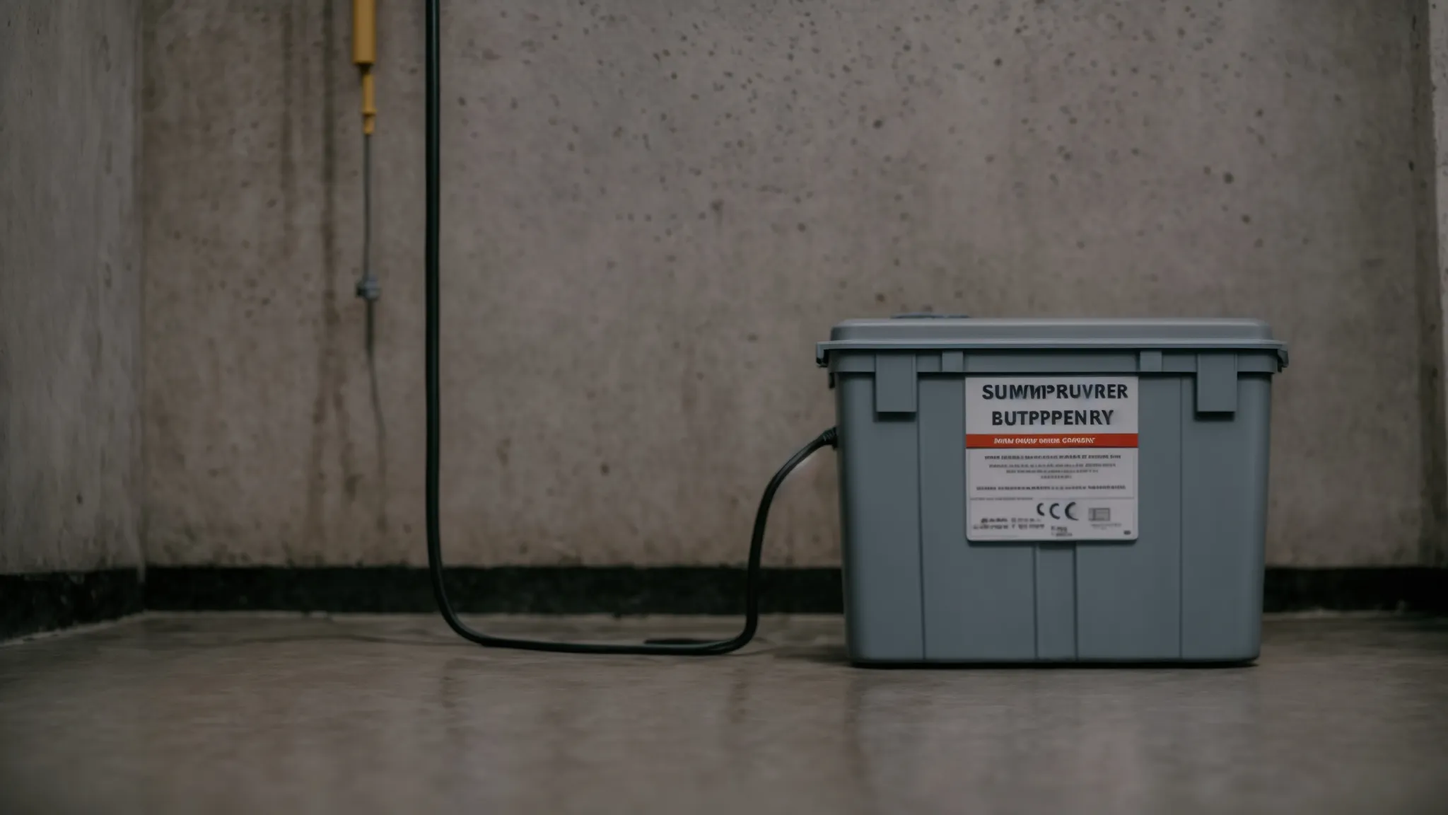 a labeled sump pump battery backup secured on a clean concrete basement floor with a warning sign nearby.