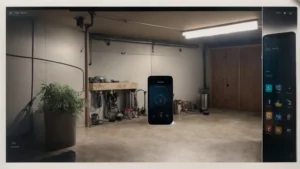 a basement with a sump pump installed, showcasing a smartphone displaying the control app with wifi signal visible in the background.
