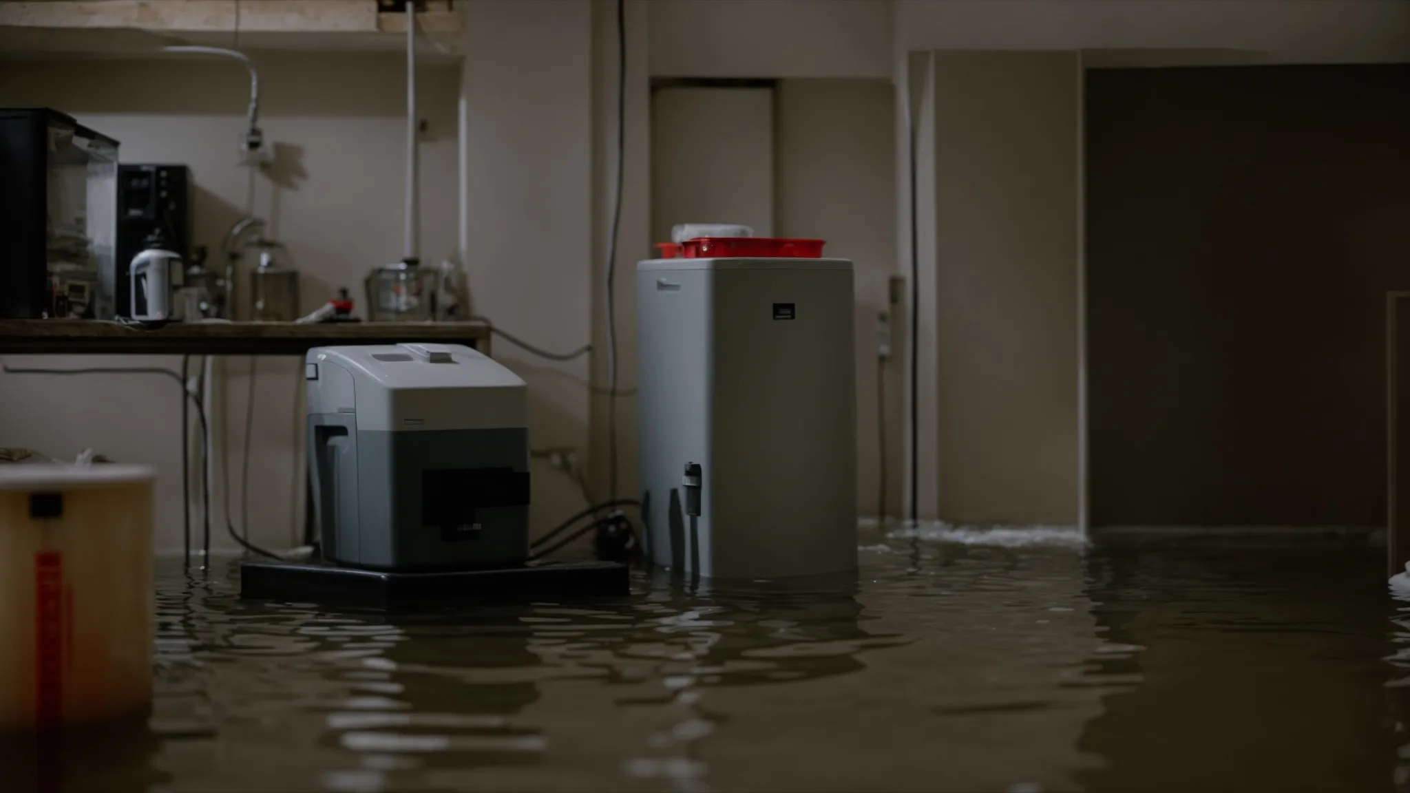 a flooded basement with a sump pump and a battery backup system placed in the corner.
