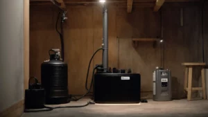 a well-lit basement corner showing a sturdy sump pump with an attached battery backup unit.
