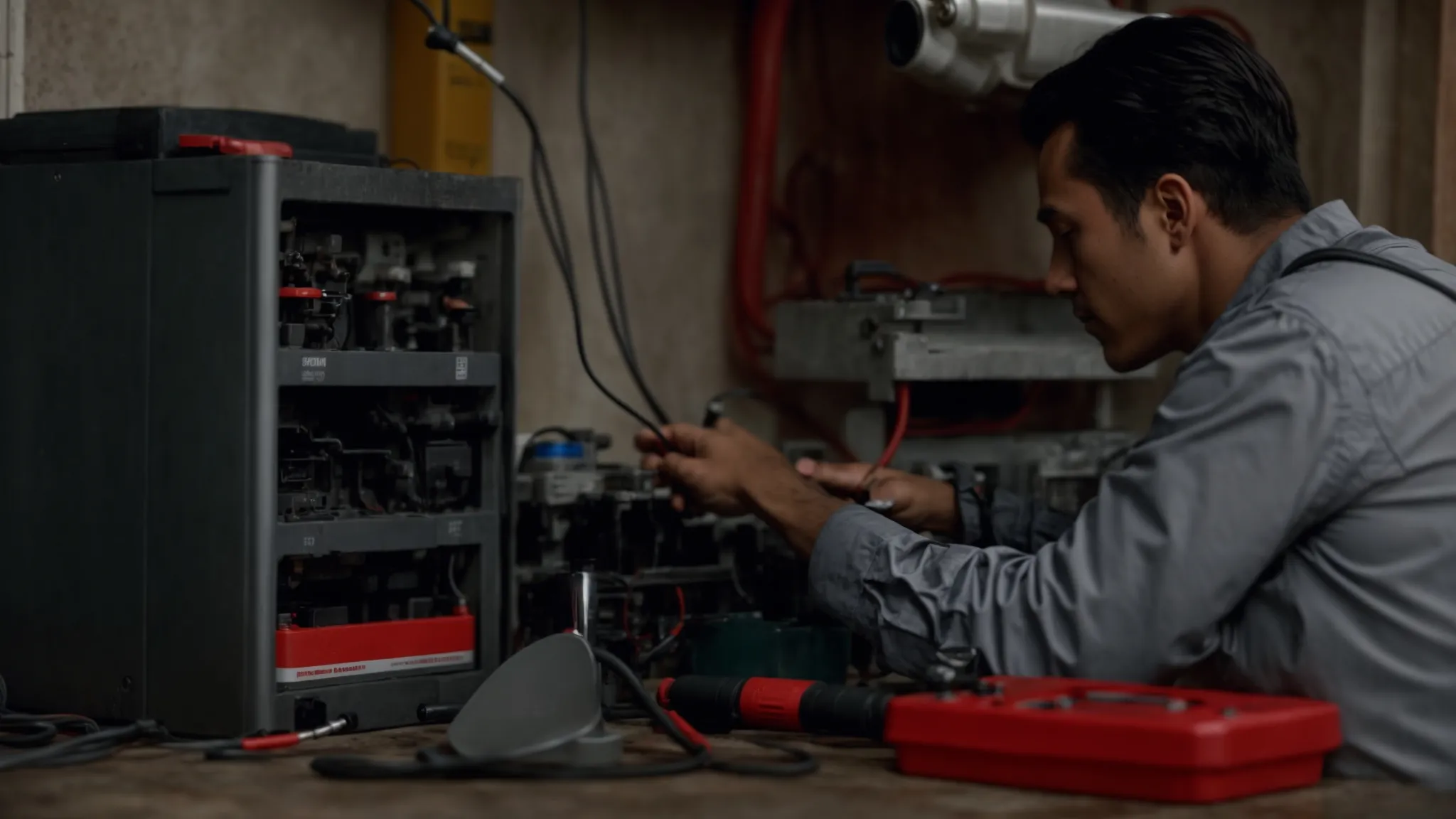 a technician examines a sump pump with a multimeter and a battery nearby on a workbench.