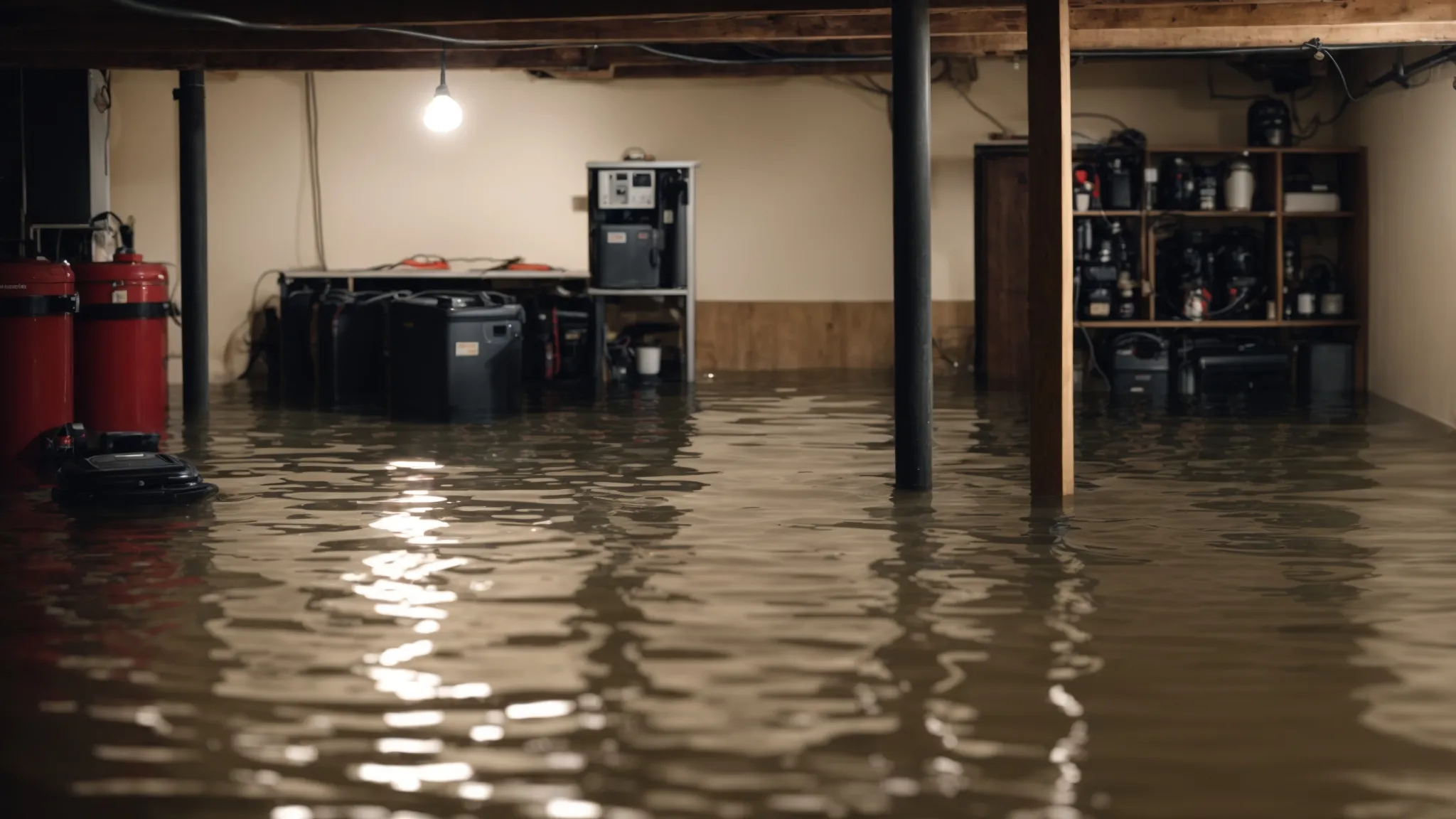 a flooded basement with a sump pump and battery backup system in the corner.