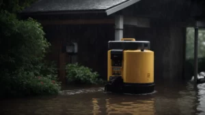 a basement sump pump with a battery backup system stands ready amidst a heavy downpour, protecting a home from flooding.