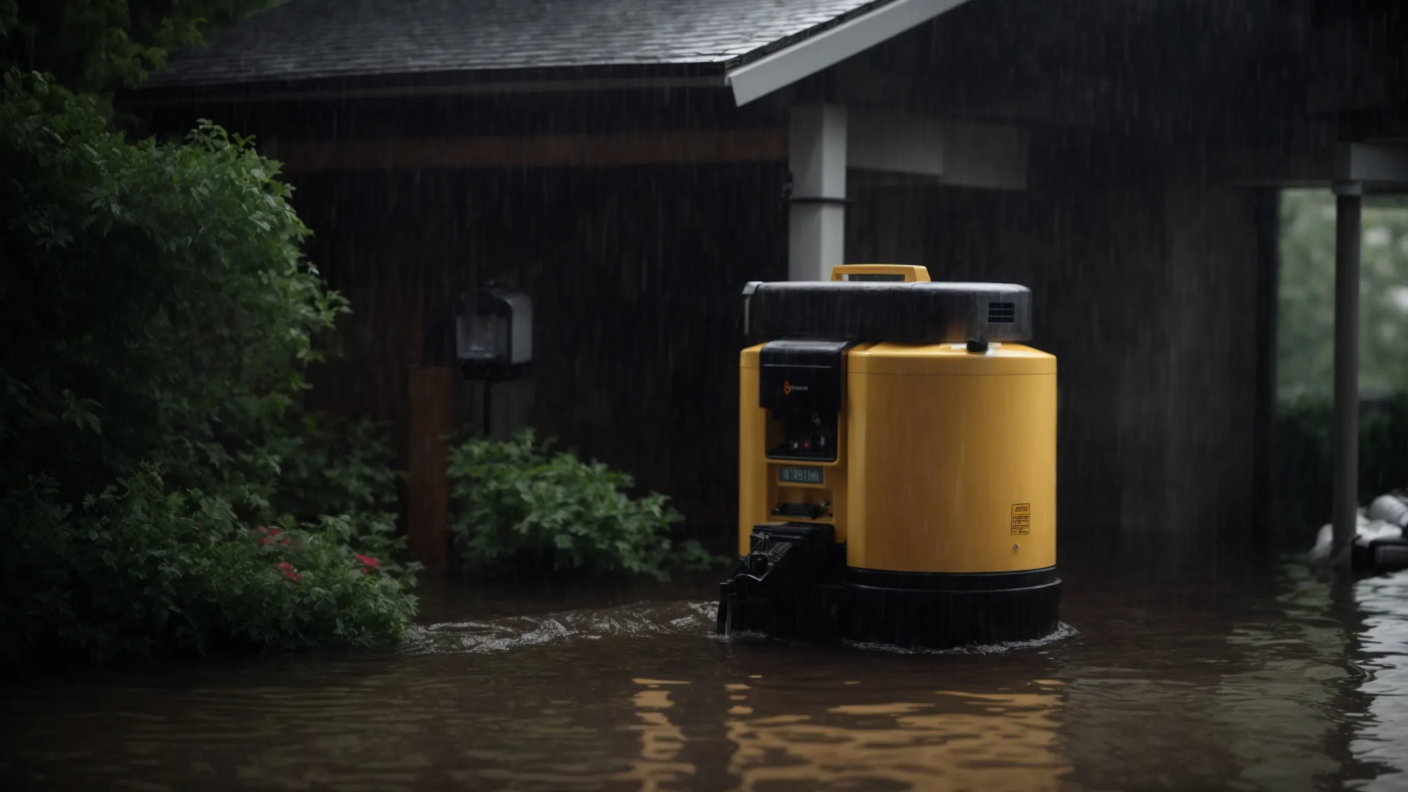a basement sump pump with a battery backup system stands ready amidst a heavy downpour, protecting a home from flooding.