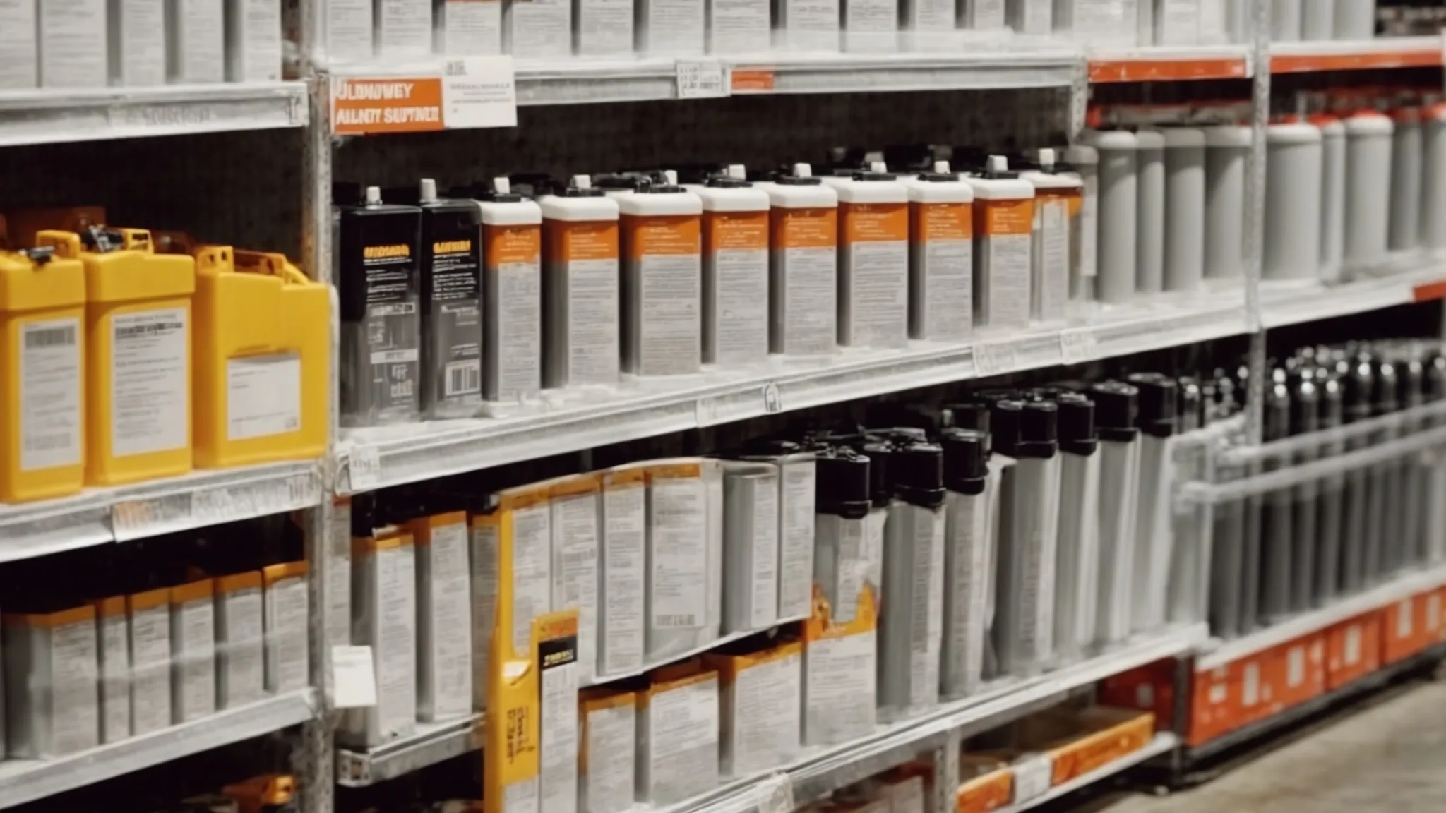 a row of heavy-duty sump pump battery backups lines the shelf in a spacious, well-lit hardware store aisle.