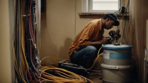 a homeowner connects thick cables from a battery to a sump pump in a clean basement.