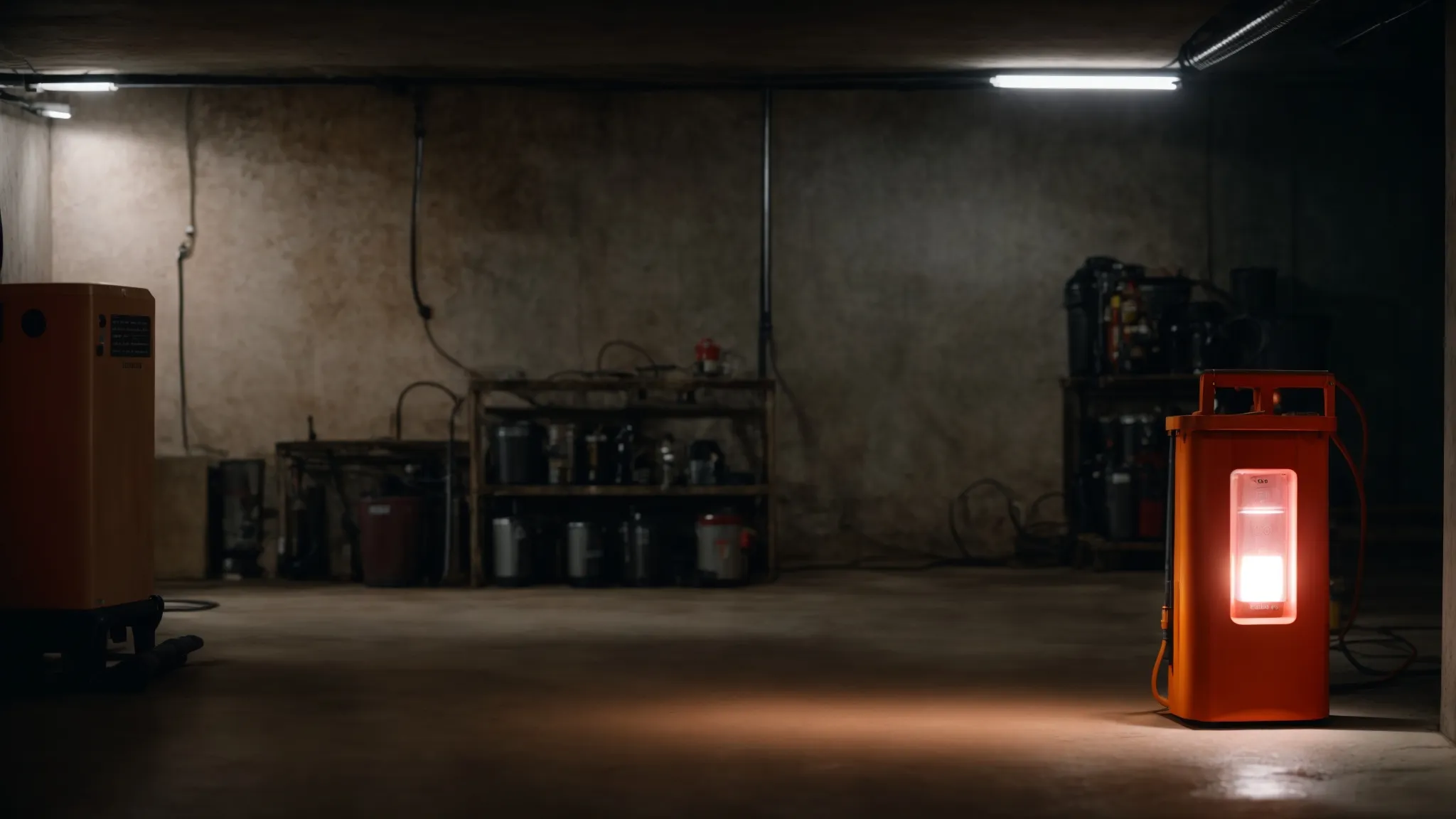 a dimly lit basement with a sump pump and a battery setup on a concrete floor, displaying a warning light.