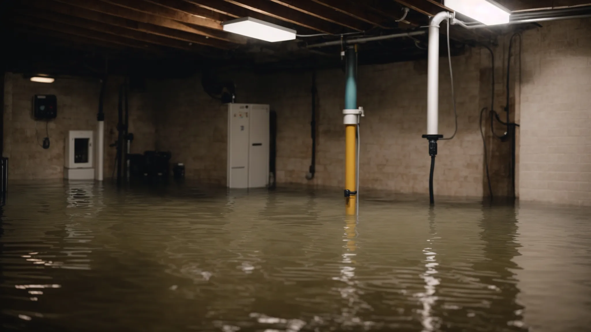 a flooded basement with a sump pump installation in the corner, water visibly being pumped out.