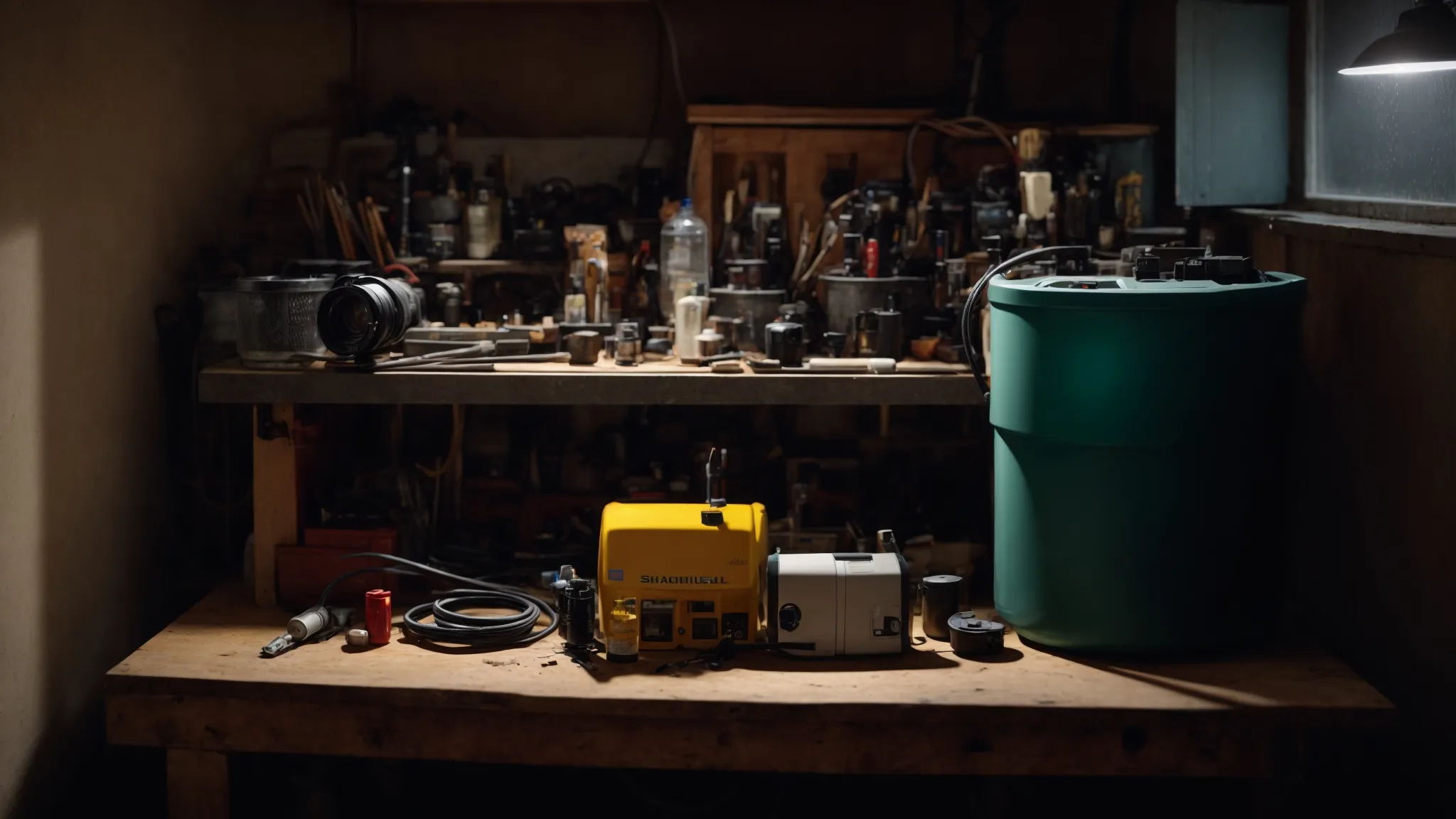 a workbench with various tools lies next to a sump pump and battery unit under a bright basement light.