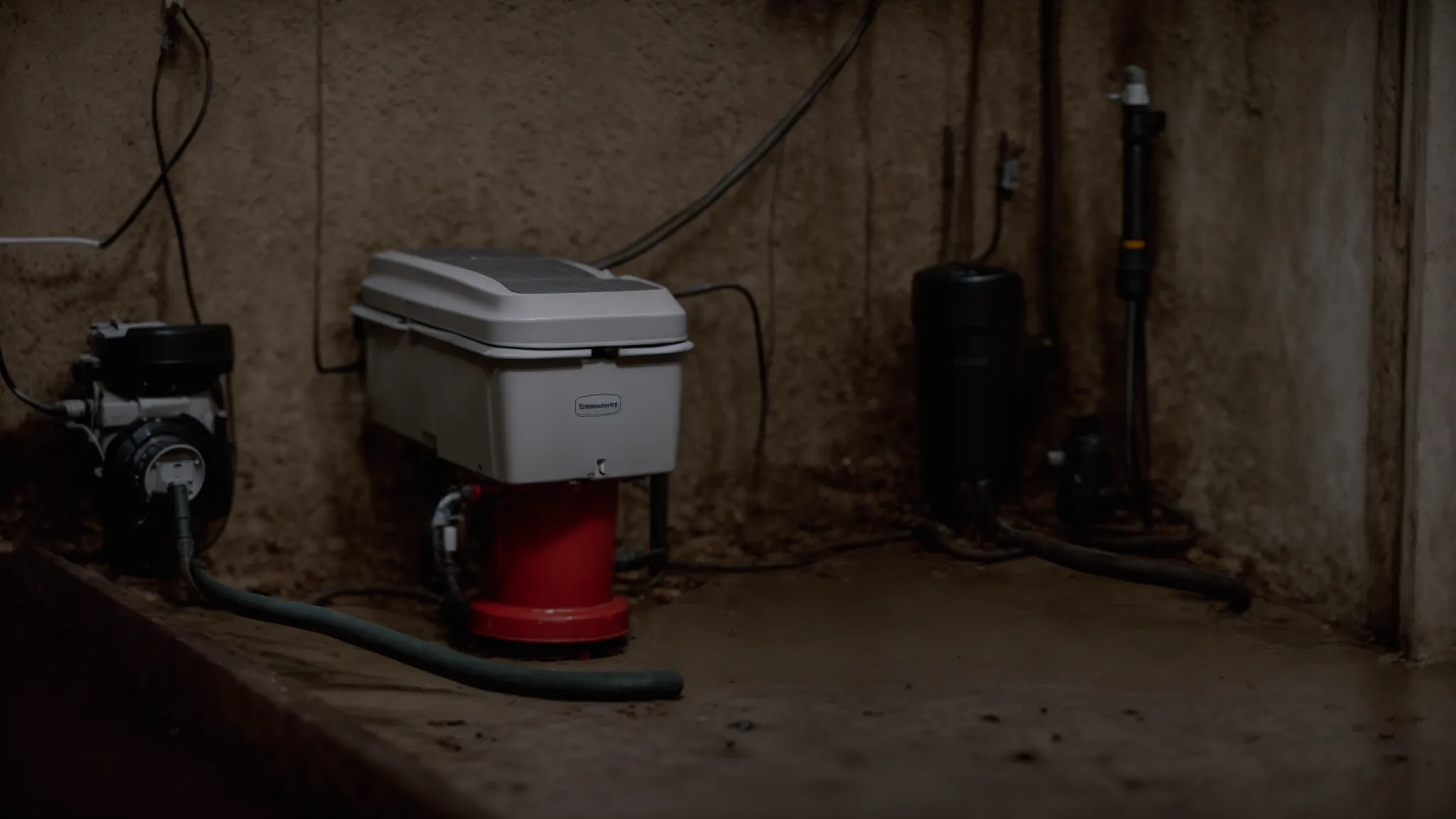 a sump pump sits idle in a clean, dry basement, awaiting use during a power outage.