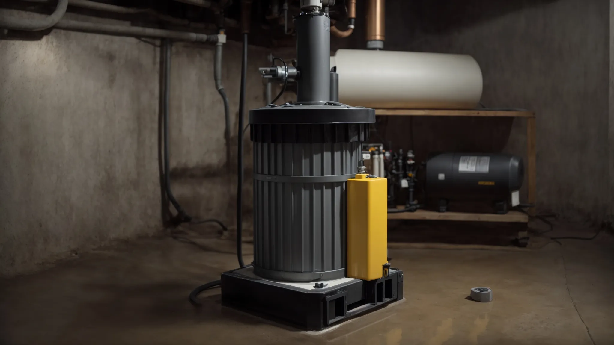 a sump pump with a battery backup system installed in a well-ventilated basement space.