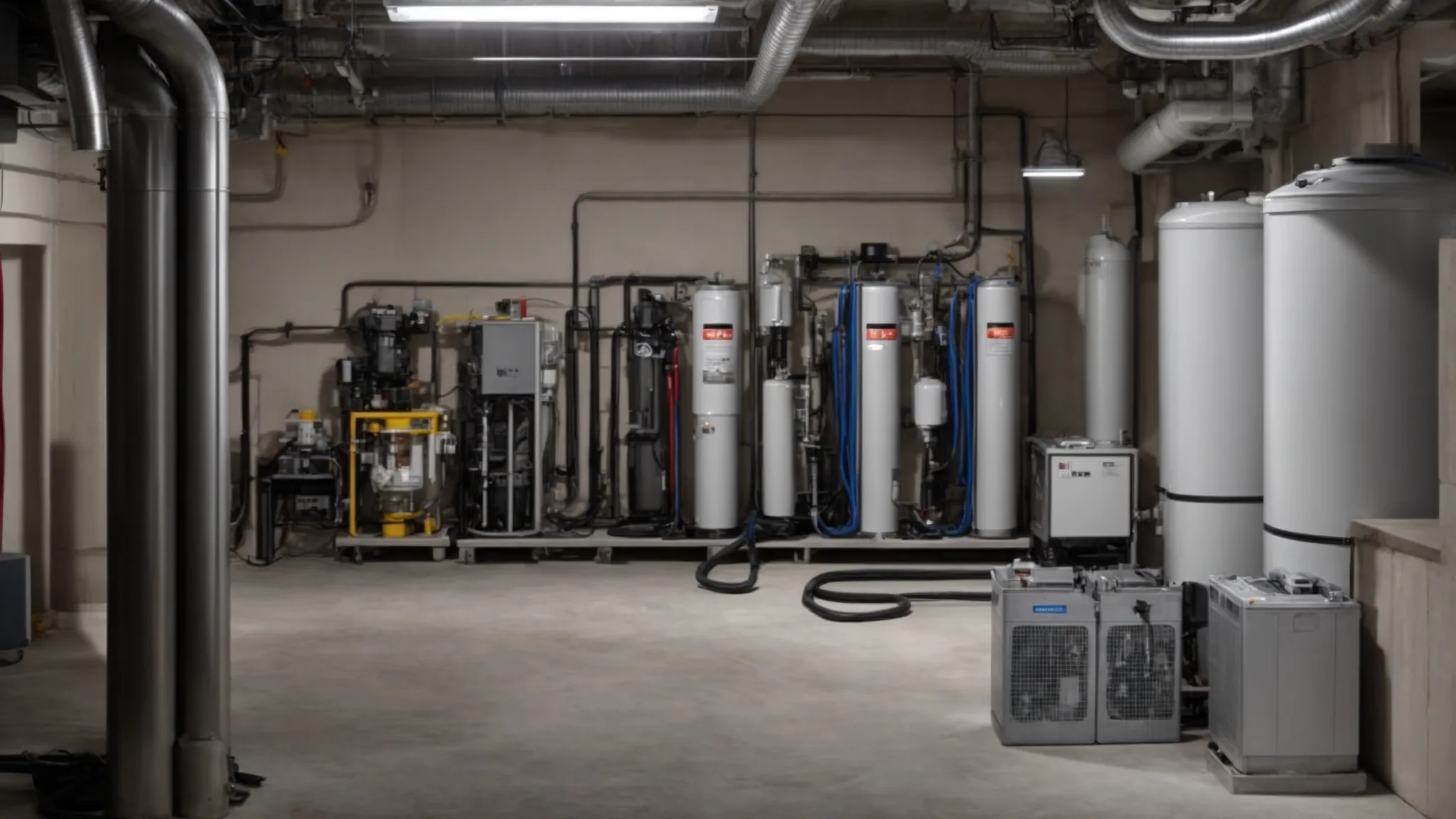 a clean, organized basement space with two large battery units connected to a central sump pump, indicating enhanced protection and reliability.