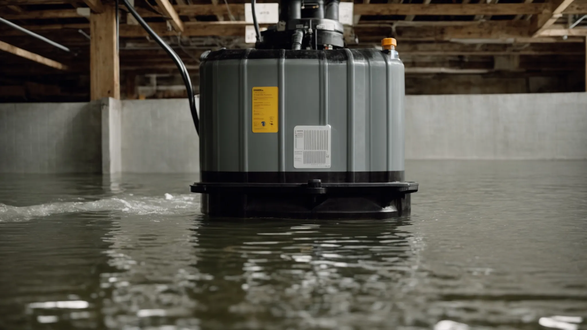 a sturdy sump pump sits in a basement, connected to a large, reliable backup battery.